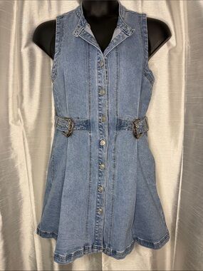 blue b collection Mini Boho Western Denim Dress Button Up Pockets Women’s Medium